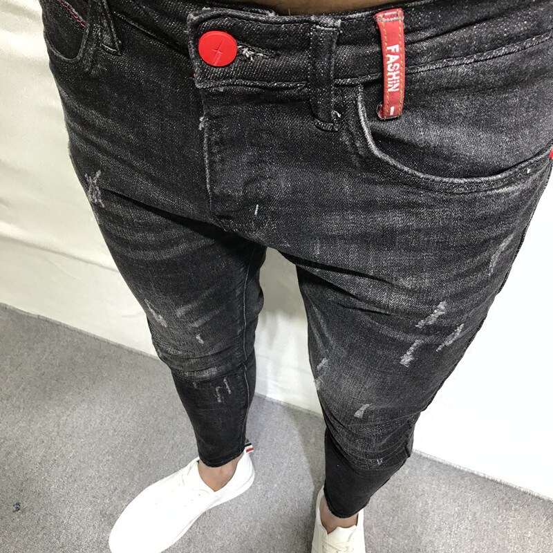 潮男春夏新韩版修身复古做旧黑九分小脚牛仔裤社会小伙网红快手爆