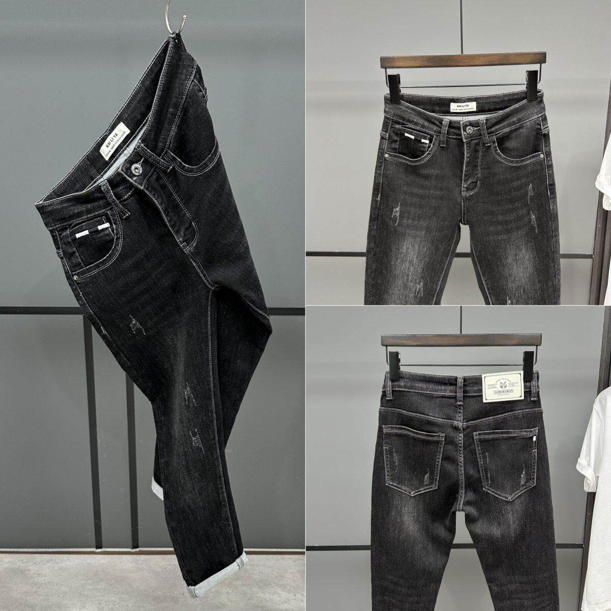 刺绣黑色水洗猫须抓痕修身小脚九分牛仔裤男春新弹力潮流百搭长裤