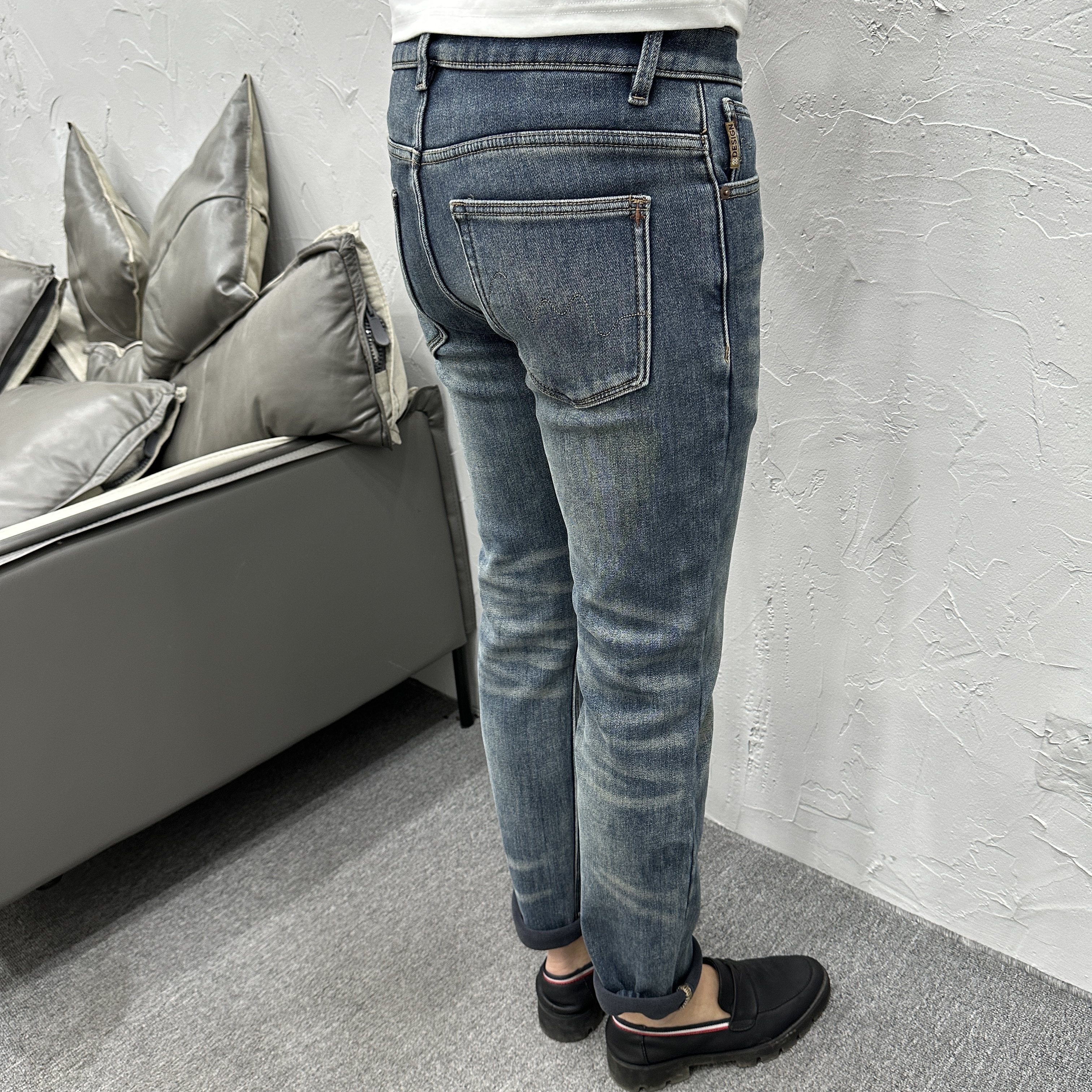 加绒加厚保暖复古做旧蓝小直筒牛仔裤男秋冬新款修身显瘦休闲长裤