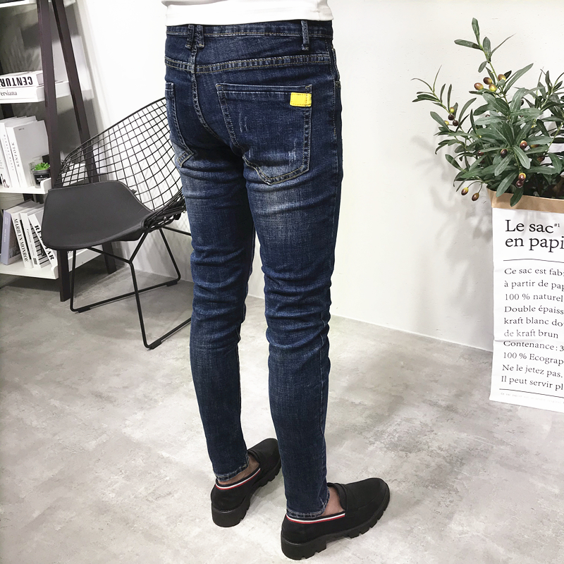 牛仔裤男秋深蓝抓痕社会青年网红