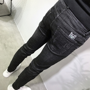 社會(huì)青年抖音同款 貓頭黑色貓須彈力修身 小腳牛仔長褲 春夏潮牌韓版