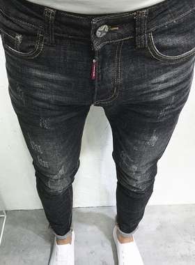 潮男夏新韩版修身黑黄贴标弹力小脚牛仔裤社会小伙网红快手青少年