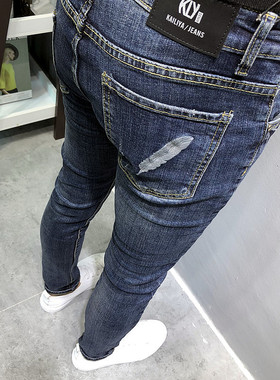 潮男原创秋冬新韩版修身深蓝刺绣小脚牛仔裤社会小伙网红青年百搭
