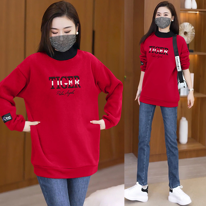 婴儿绒加厚卫衣女上衣服秋冬假两件宽松半高领拼色休闲大码上衣