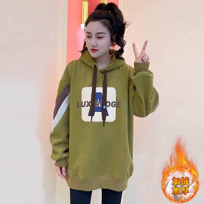 新款简约休闲穿搭中长款显瘦上衣女秋冬潮流百搭加绒保暖连帽卫衣