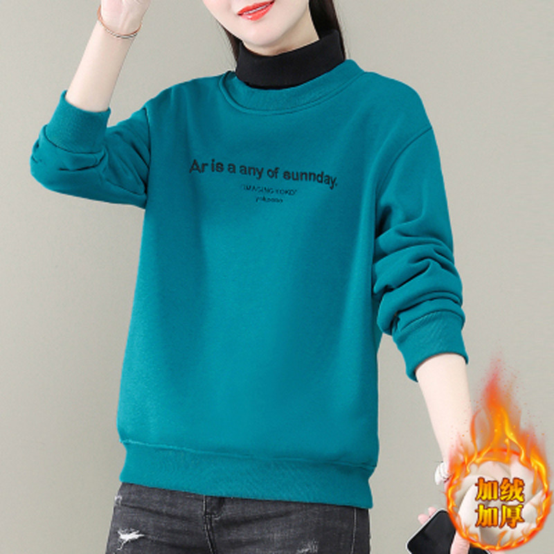 秋冬加绒加厚高领卫衣宽松新款假两件设计时尚休闲百搭卫衣女