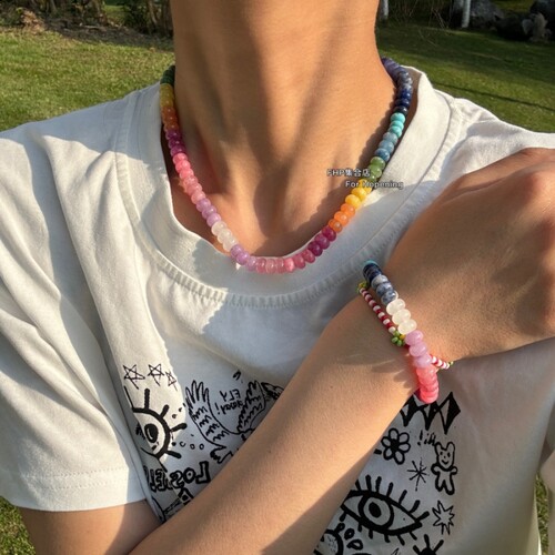 天然石彩虹色项链百搭锁骨链