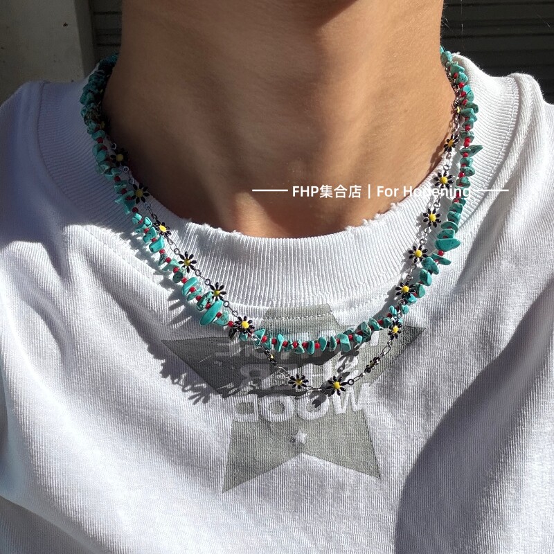绿松石串珠雏菊不掉色钛钢项链图片