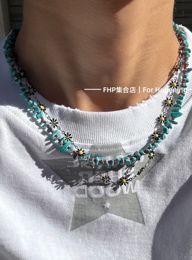 绿松石串珠雏菊不掉色钛钢项链