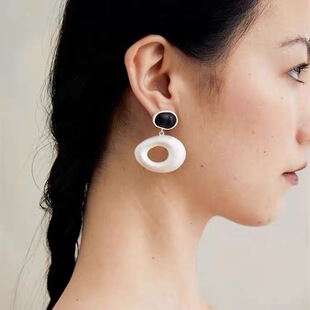 黑檀木新中式圆圈耳环小众撞色耳钉设计师手工磨砂质感造型耳饰