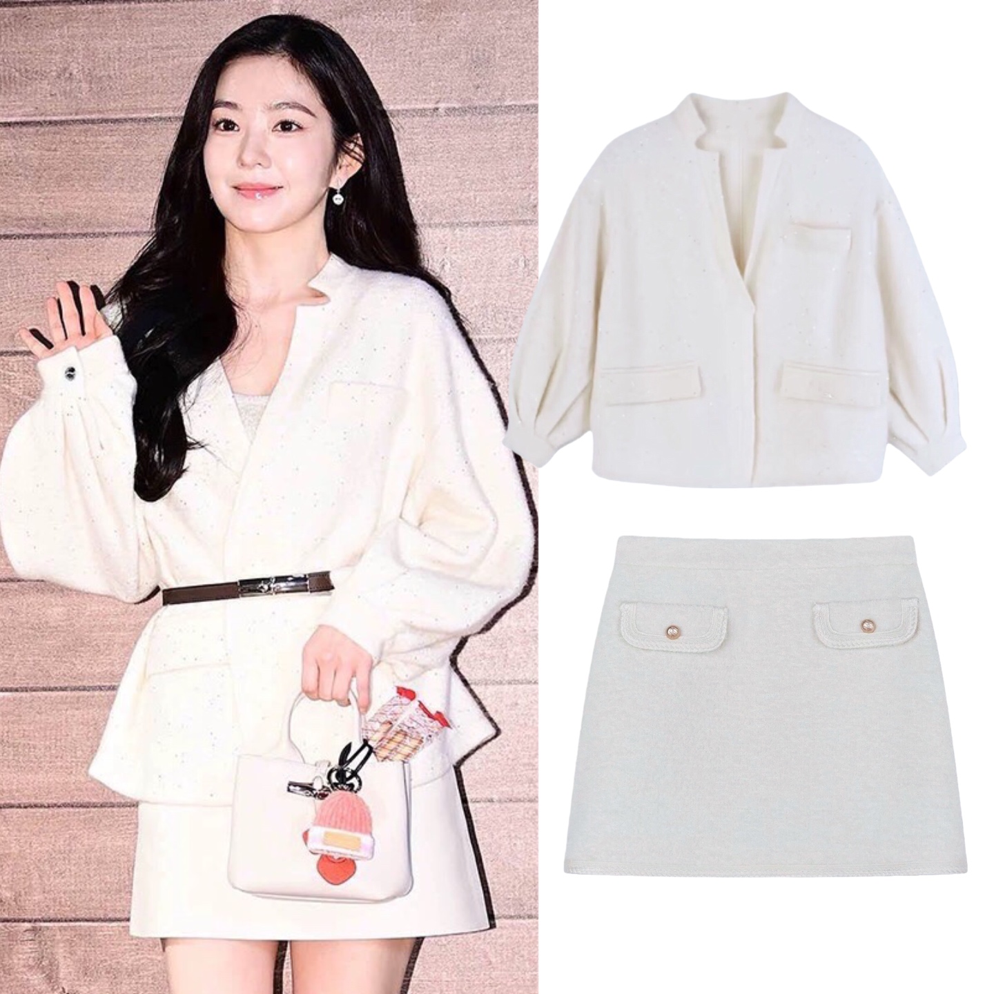 裴珠泫同款白色亮闪闪气质名媛财阀千金小香风套装女毛呢外套半裙