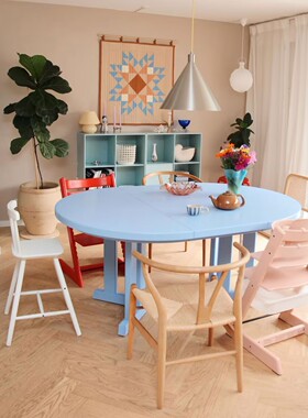 北欧网红ins浅蓝色餐桌家用小户型侘寂风圆桌法式复古圆形餐桌子