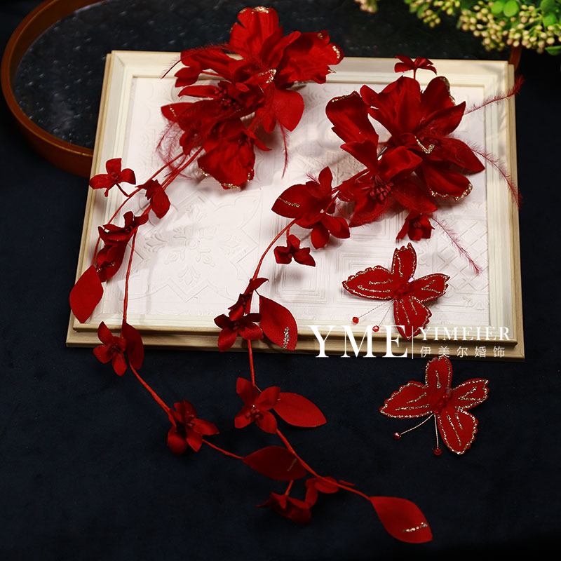 2025新品红色花朵长款羽毛边夹