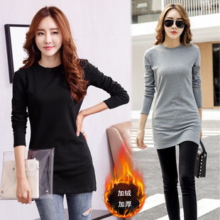加厚修身纯色中长款打底衫加绒女大码长袖T恤上衣秋冬季保暖衣潮