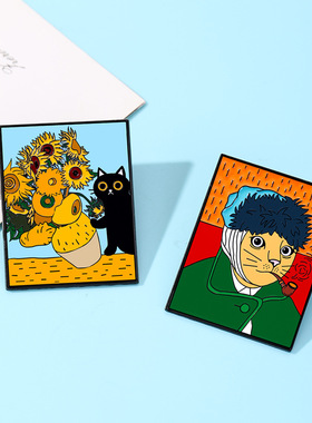 跨境新款猫咪油画系列徽章世界名画周边胸针可爱卡通小猫书包装饰