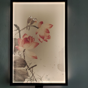 定制小型灯带屏风挂画双面半透明乔其丝绢双面印荷花花鸟装饰画