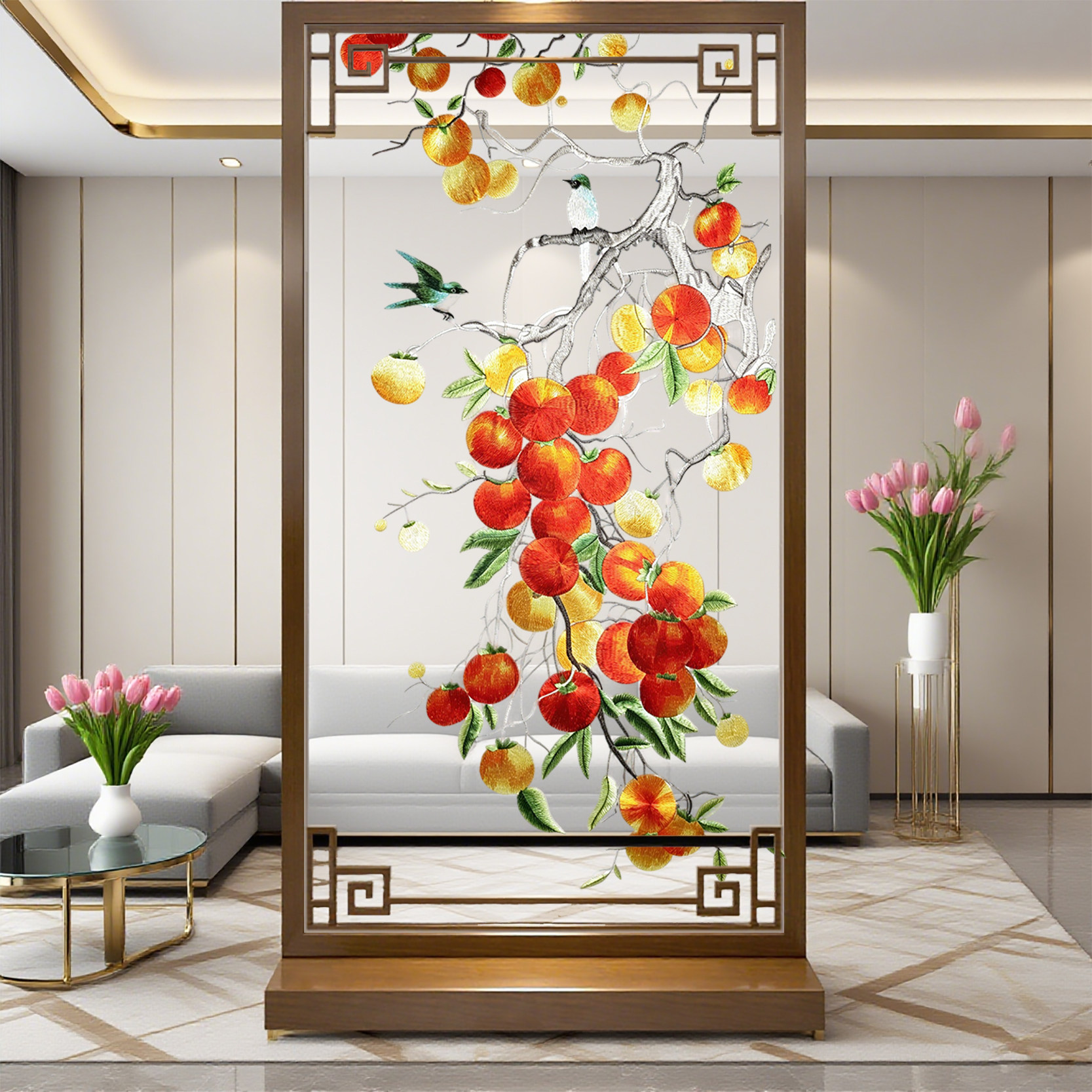 中式半透双面刺绣屏风隔断客厅装饰画柿柿如意花鸟挂画简约风苏绣
