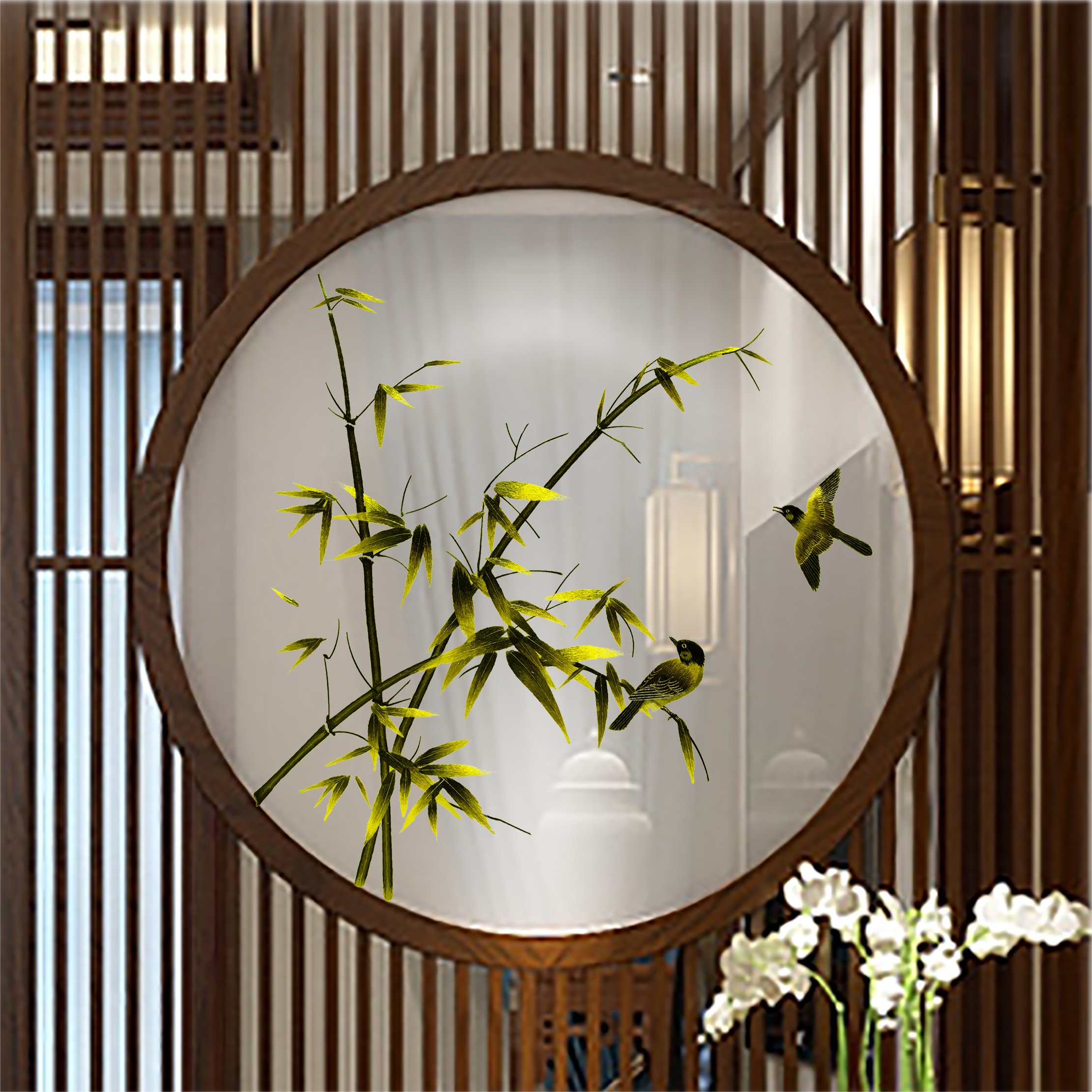 定制圆形苏绣屏风隔断刺绣花鸟画客厅玄关办公室装饰画竹报平安画图片