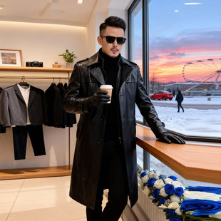 加绒保暖爸爸装 皮大衣2025春秋新款 风衣皮夹克外套 长款 皮衣男士