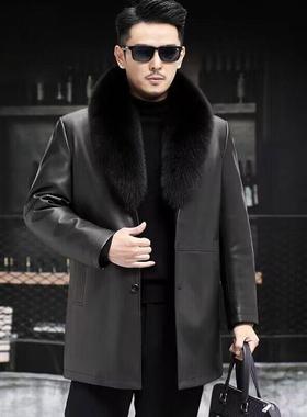 海宁真皮新款牛皮大衣狐狸毛领可拆卸貂内胆男士中长款皮草外套