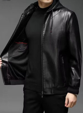 真皮皮衣男海宁绵羊皮外套春秋冬新款休闲百搭连帽黑色加绒皮夹克