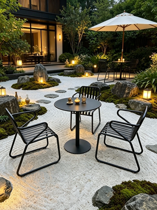 Outdoor Table and Chair Set Galvanized Steel Waterproof Sun Protection Commercial Leisure Courtyard Garden Open-Air Table with Umbrella Holes in the Middle
