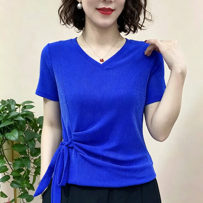 洋气妈妈装V领系带弹力网纱修身时尚短袖百搭显瘦气质打底衫t恤女