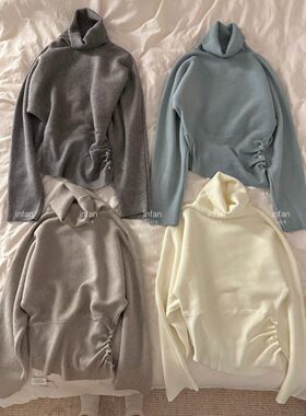 infan 清冷感纸片人高领针织衫捏褶排扣收腰显瘦蝙蝠袖上衣NM1863