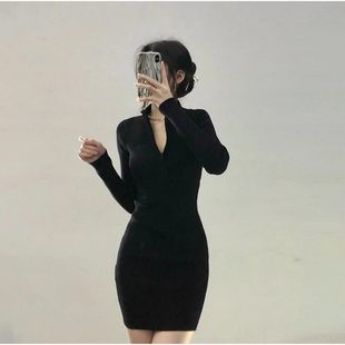 大粗腿的小芷茵的店黑色性感辣妹连衣裙女秋冬长袖收腰显瘦包臀裙