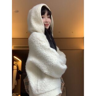 小小小叻的店连帽拉链毛衣开衫女秋冬毛绒绒保暖卷卷外套厚实软糯