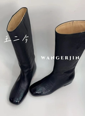 王二今女鞋/4CM/极简高级显瘦高筒靴不过膝靴骑士直筒长筒靴女