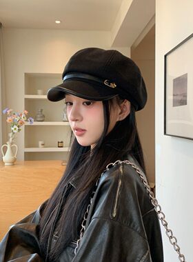 coconut scarf的店日系复古文艺风黑色鸭舌显脸小八角云朵帽子