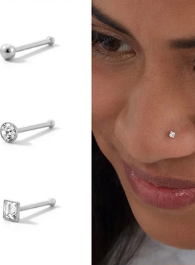S925纯银鼻钉女闪钻百搭捷克钻小耳骨钉鼻环男细杠防过敏穿孔饰品