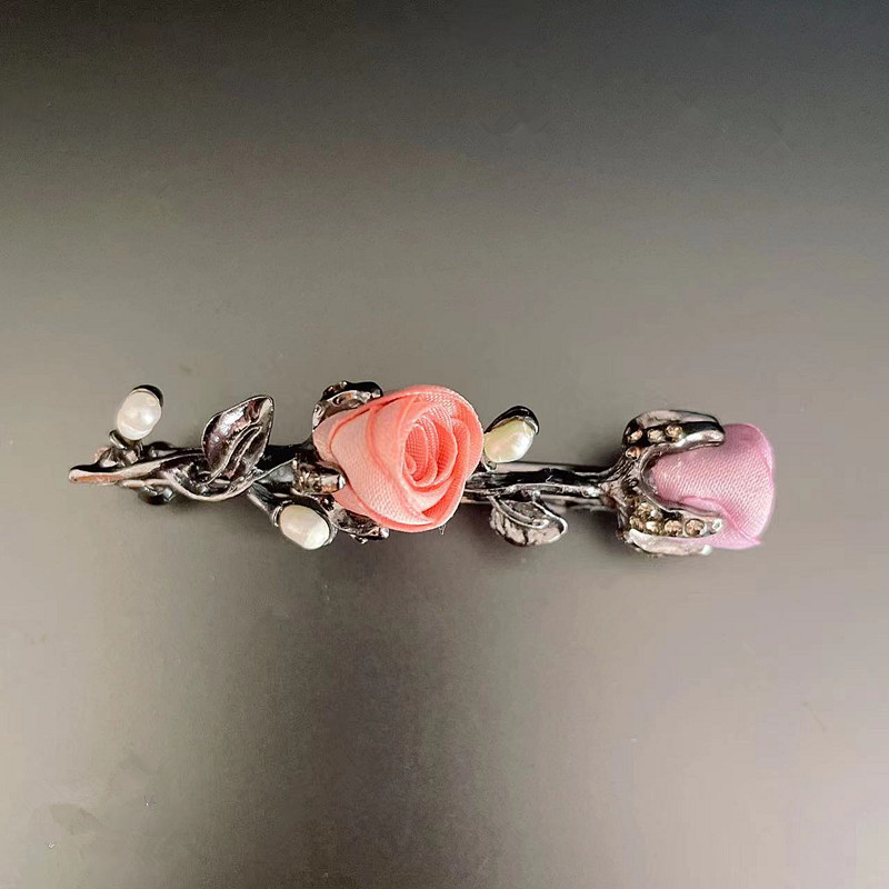 韩版百搭发饰小发夹弹簧夹顶夹马尾夹发卡头饰玫瑰花布艺成人花朵