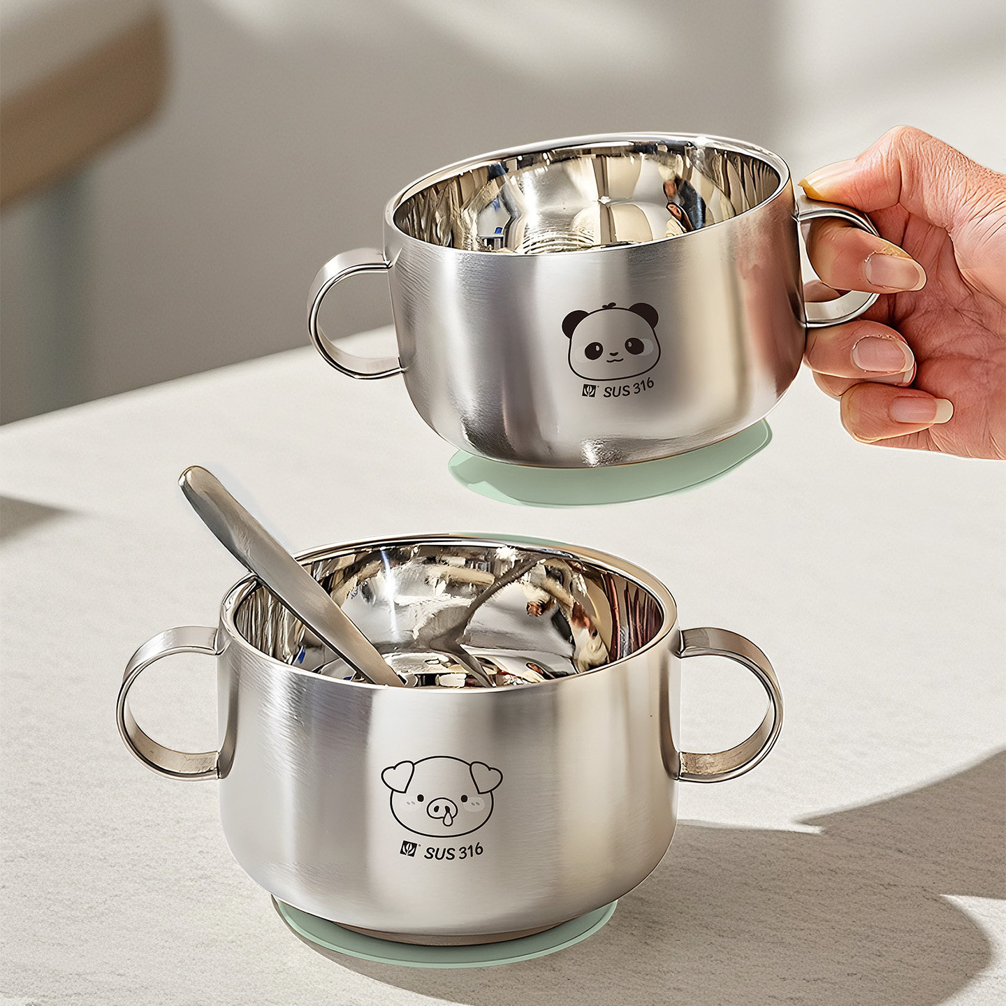 国风儿童碗316L不锈钢食品级吸盘防摔宝宝副食品小孩吃饭专用双耳