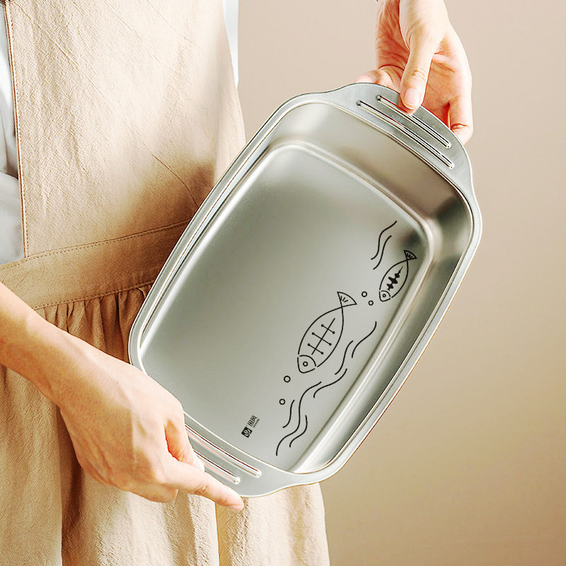 不锈钢烤鱼盘长方形家用托盘加深加厚不粘电磁炉烤鱼专用烤盘子