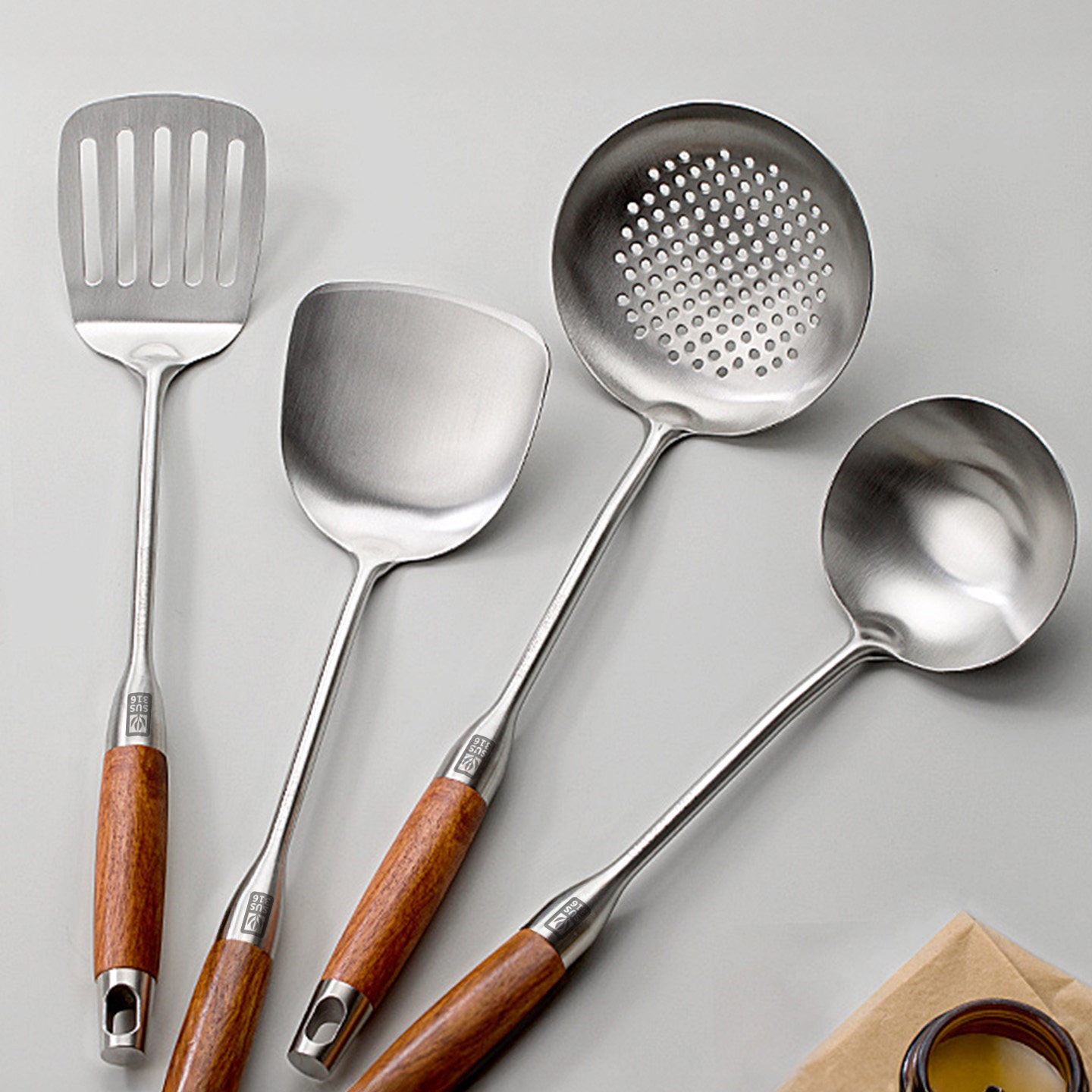 316不锈钢锅铲套装家用厨房大汤勺漏勺厨具木柄把炒菜铲子勺子