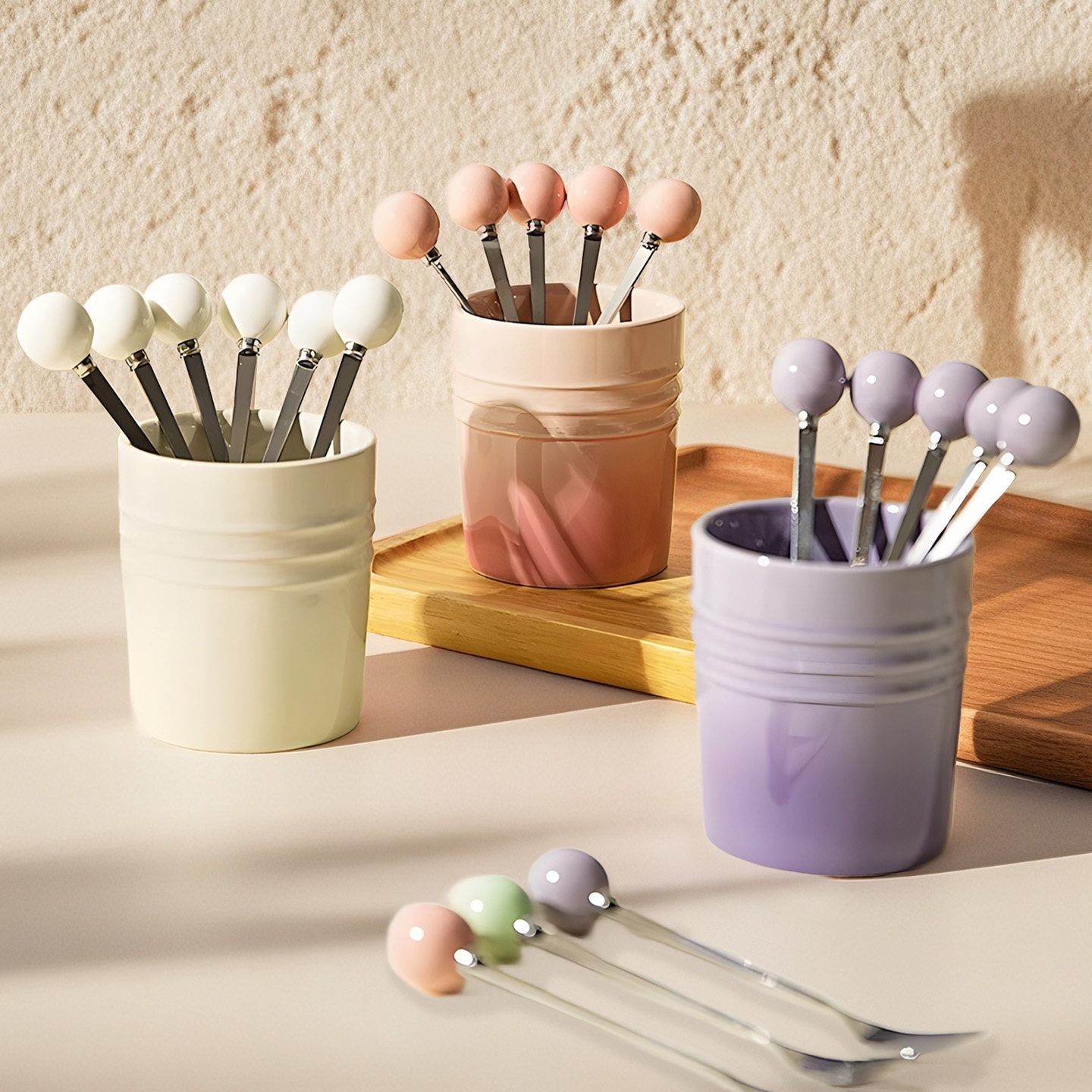 国风水果叉套装家用高颜值创意甜品叉子渐变色收纳罐不锈钢水果签