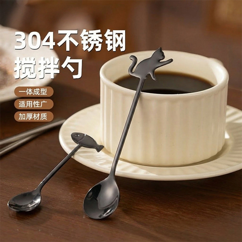 304不锈钢咖啡勺长柄猫咪勺创意可爱小勺子汤匙ins甜品勺搅拌勺