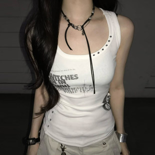 素字库印花背心夏辣妹修身 酷帅柳钉元 上衣 亚系街头风 ROCKMORE