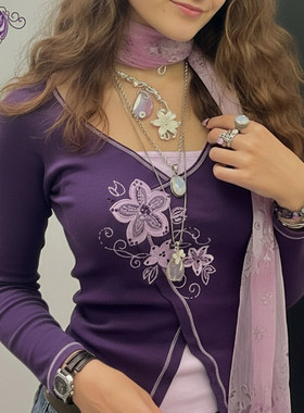 ROCKMORE【韵味古早】紫色花朵刺绣假两件拼接长袖T恤V领打底上衣