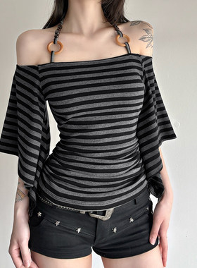 ROCKMORE【古早辣妹】灰色条纹串珠挂脖蝙蝠袖T恤一字肩修身上衣