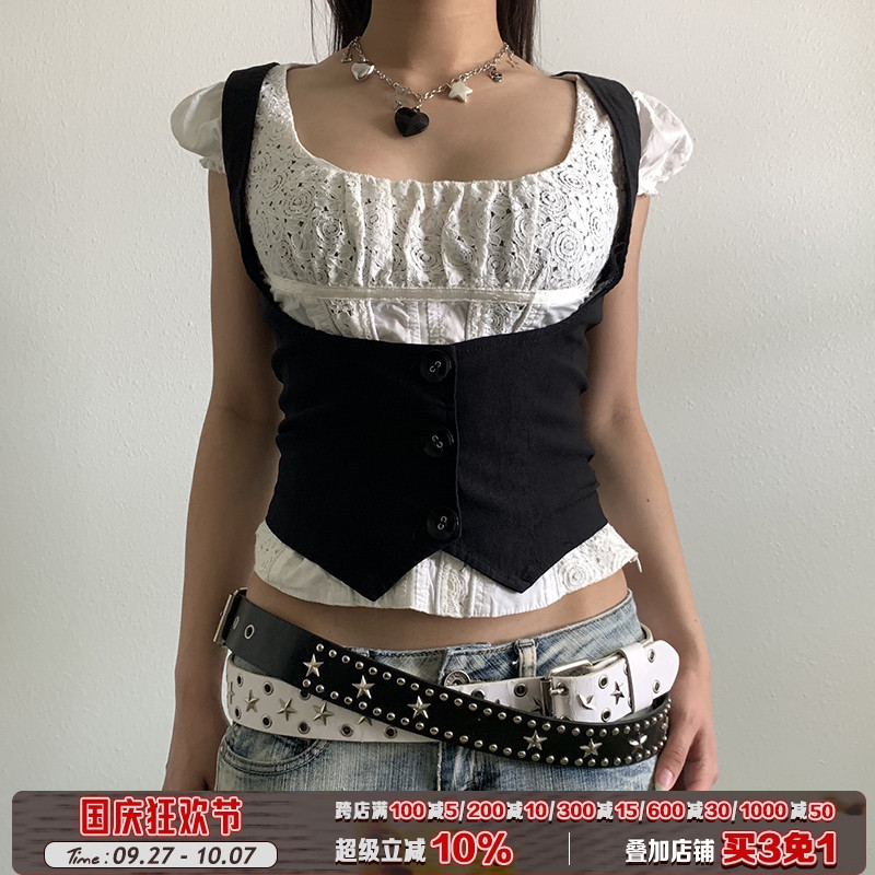 复古90s英伦风黑色排扣马甲女