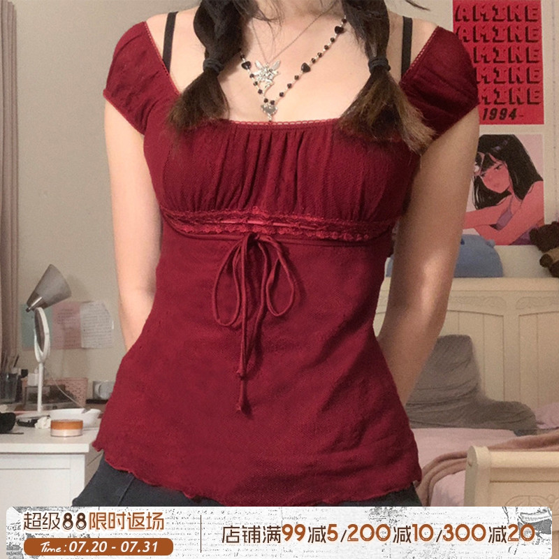 ROCKMORE【法式少女】蝴蝶结束胸性感红色上衣甜美露肩短袖娃娃衫