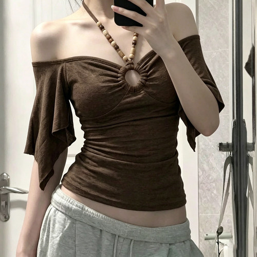 棕色挂脖串珠露肩低胸短袖T恤女