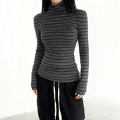 基础韩系 灰色系条纹小高领轻薄罩衫 修身 ROCKMORE 百搭长袖 T恤