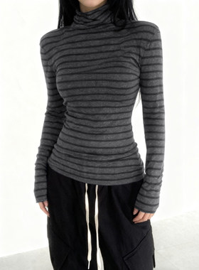 ROCKMORE【基础韩系】灰色系条纹小高领轻薄罩衫修身百搭长袖T恤