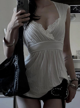 ROCKMORE【法式性感】白色蕾丝拼接V领低胸辣妹背心 褶皱收腰上衣