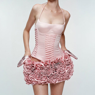 背心低胸性感吊带 粉色缎面鱼骨绑带拼接修身 ROCKMORE 甜欲少女