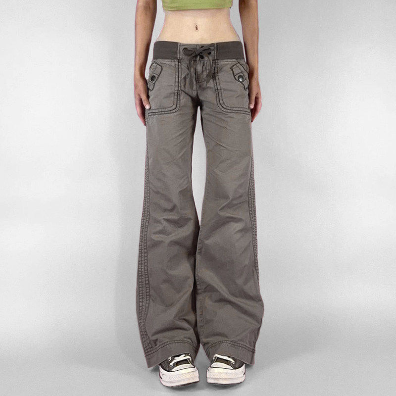 ROCKMORE【美式复古】松紧腰头撞色拼接口袋牛仔裤微喇宽松梭织裤